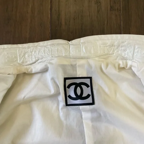 Chanel White Size 8-10 Perforated Leather Bomber Jacket Branded Back Stripe